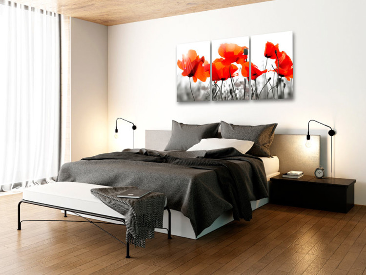 Canvas Print Meadow Full of Poppies (3-part) - Romantic Flowers in Nature's Grayscale 95934 additionalImage 3