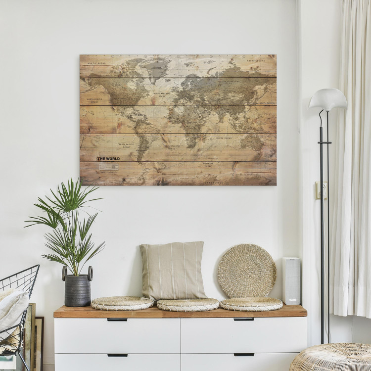 Canvas Art Print World Map: Planks (1-piece) - Continents on Wooden Texture 98534 additionalImage 5