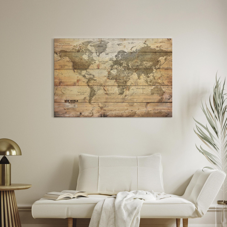 Canvas Art Print World Map: Planks (1-piece) - Continents on Wooden Texture 98534 additionalImage 3