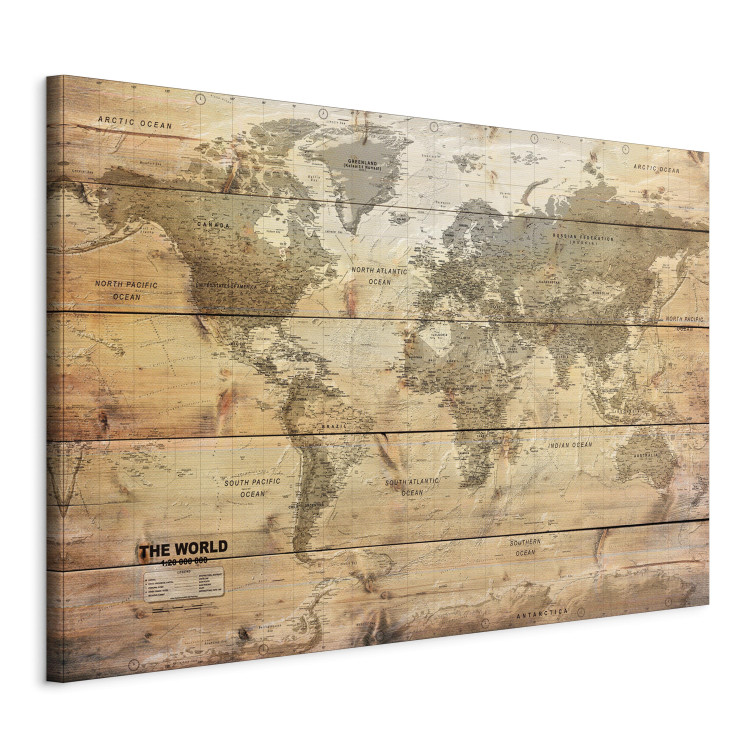 Canvas Art Print World Map: Planks (1-piece) - Continents on Wooden Texture 98534 additionalImage 2