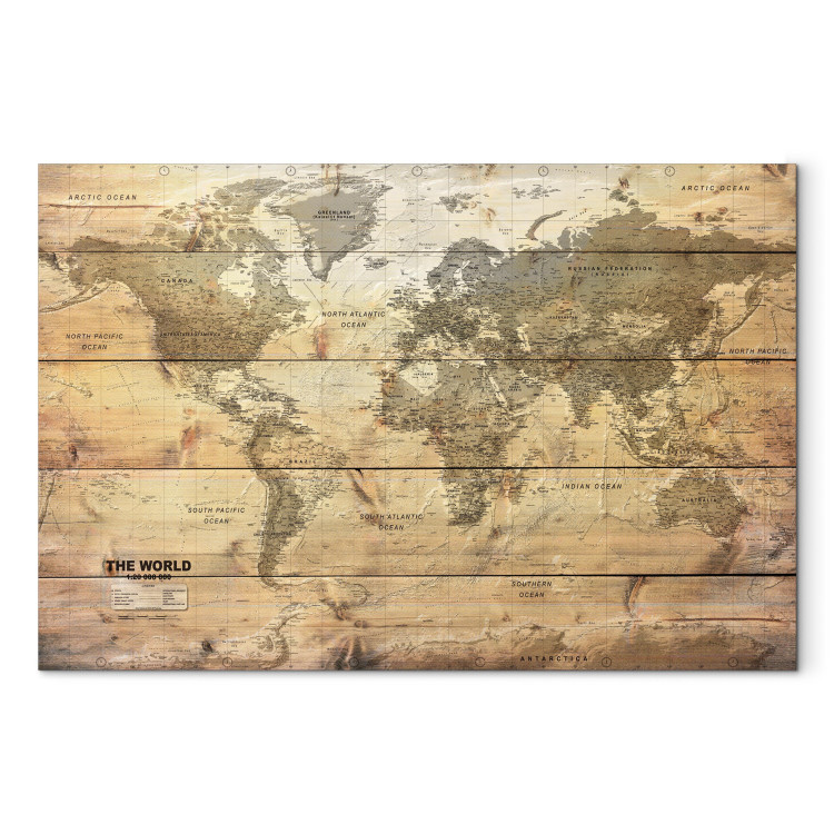 Canvas Art Print World Map: Planks (1-piece) - Continents on Wooden Texture 98534