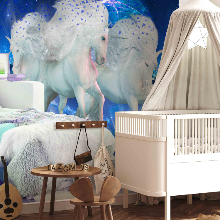 Wall Mural White unicorns - magical motif in blue shades with sparkle 107244 additionalImage 4