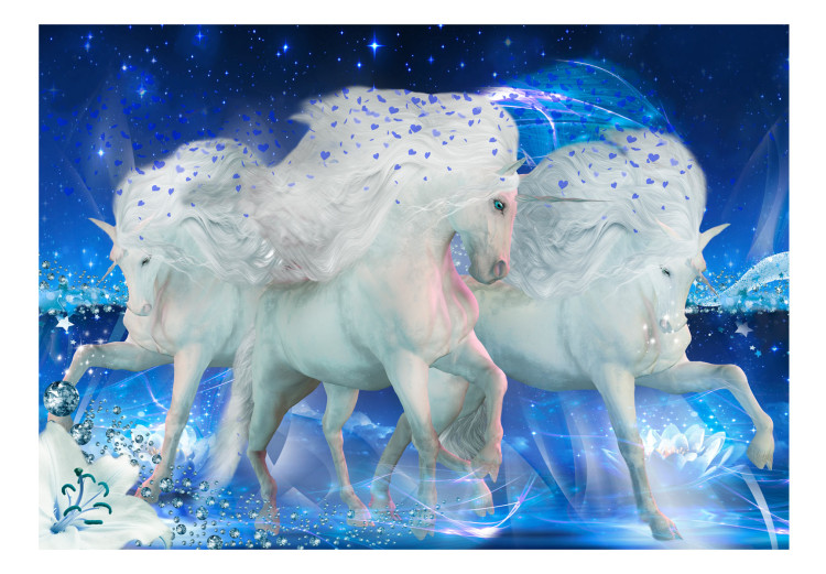 Wall Mural White unicorns - magical motif in blue shades with sparkle 107244 additionalImage 1