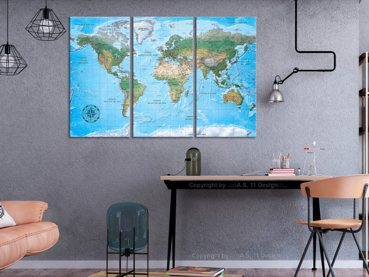 Canvas Print World Map in Blue (3-part) - Continent Labels in Italian 122344 additionalImage 3