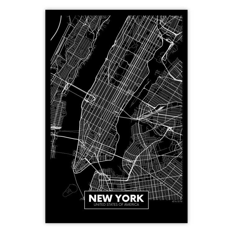 Poster Negative Map: New York - black and white city map in the USA 123044