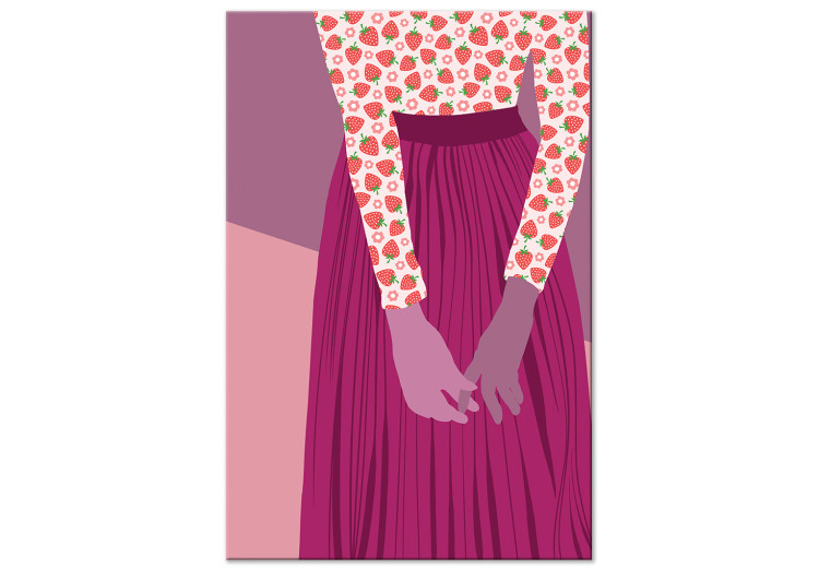 Canvas Print Purple figure - a silhouette of a woman dressed in a purple skirt and a blouse in strawberry, composition in shades of purple and pink 123344