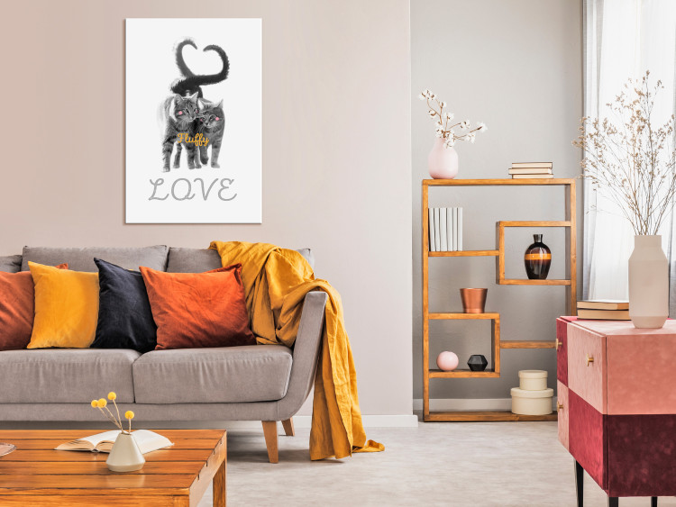 Canvas Art Print Lovely cats - gray, furry animals with an inscription in English love on a white background in a modern style 125244 additionalImage 3