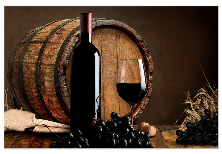 Canvas Fruity Summer (1-part) wide - wine against a wooden barrel background 129144
