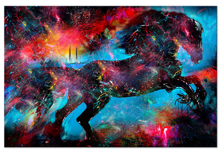 Canvas Print Mythical horse - colourful abstraction with a black animal 131644