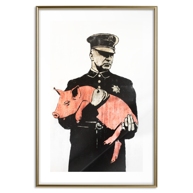 Poster Police Pig - policeman holding a sleeping pink piglet 132444 additionalImage 14