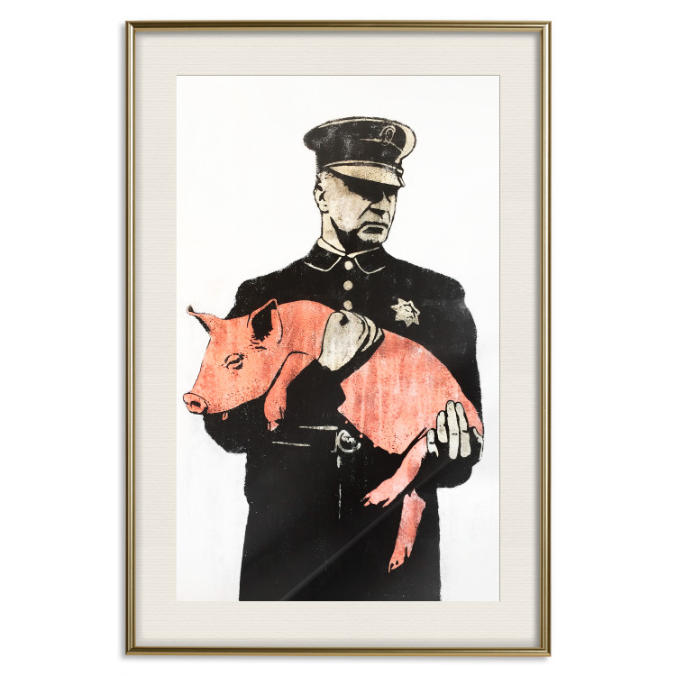Poster Police Pig - policeman holding a sleeping pink piglet 132444 additionalImage 19