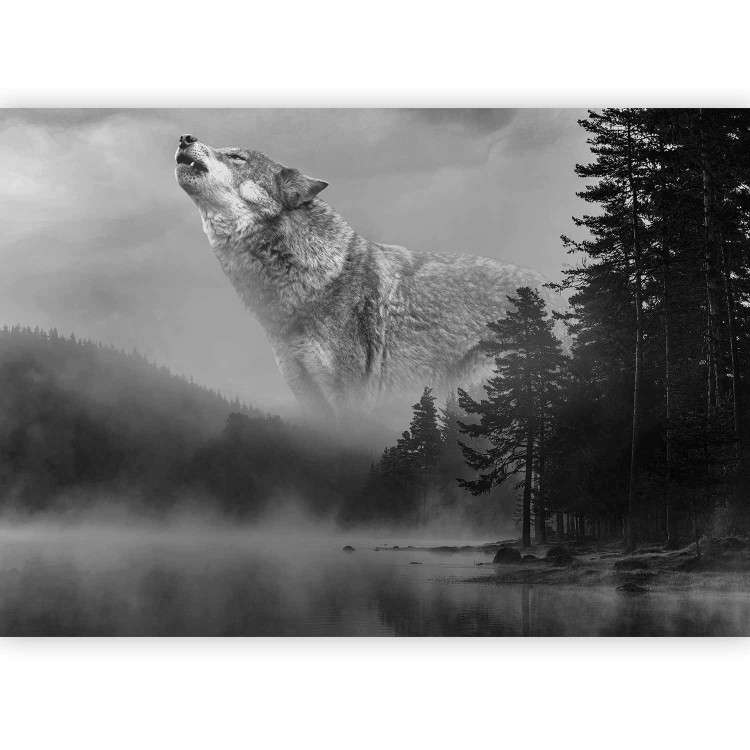 Photo Wallpaper Forest landscape - black and white wolf in a misty forest next to a lake 135144 additionalImage 5