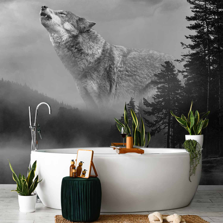 Photo Wallpaper Forest landscape - black and white wolf in a misty forest next to a lake 135144 additionalImage 8