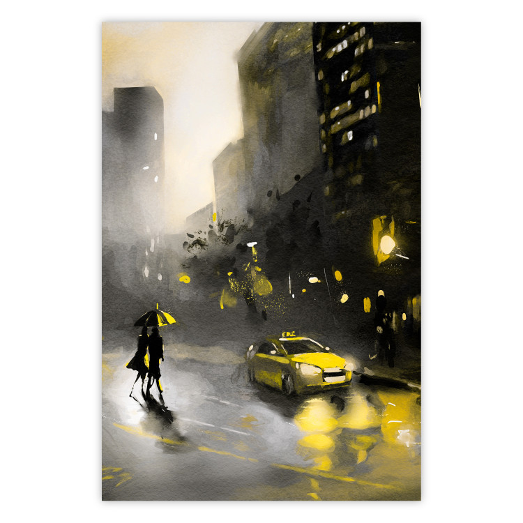 Wall Poster City Glow - yellow car and people against a gloomy architectural backdrop 136044