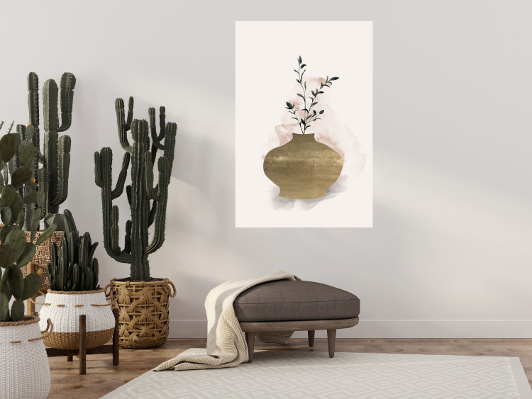 Wall Poster Golden Vase - a simple composition with green foliage in a vase on a beige background 136544 additionalImage 14