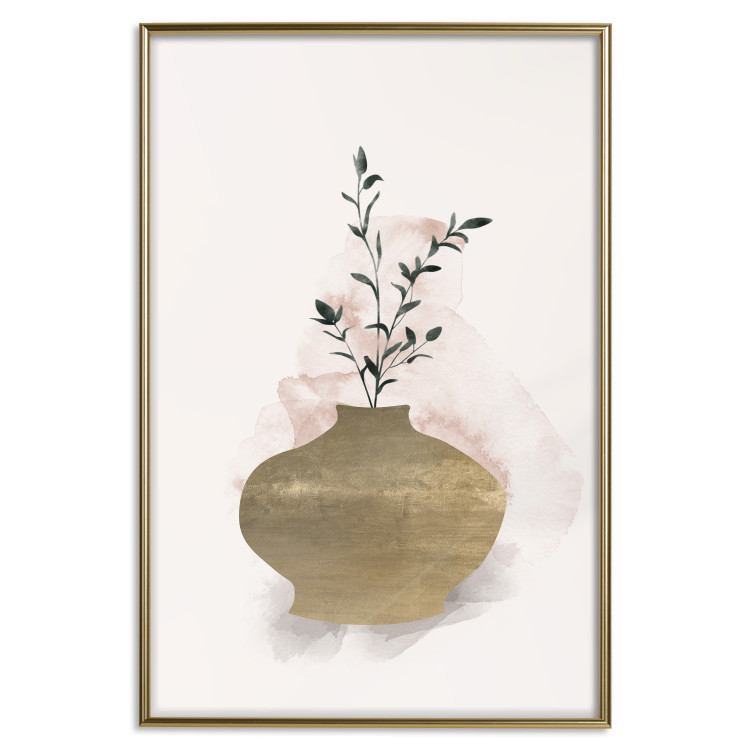 Wall Poster Golden Vase - a simple composition with green foliage in a vase on a beige background 136544 additionalImage 26