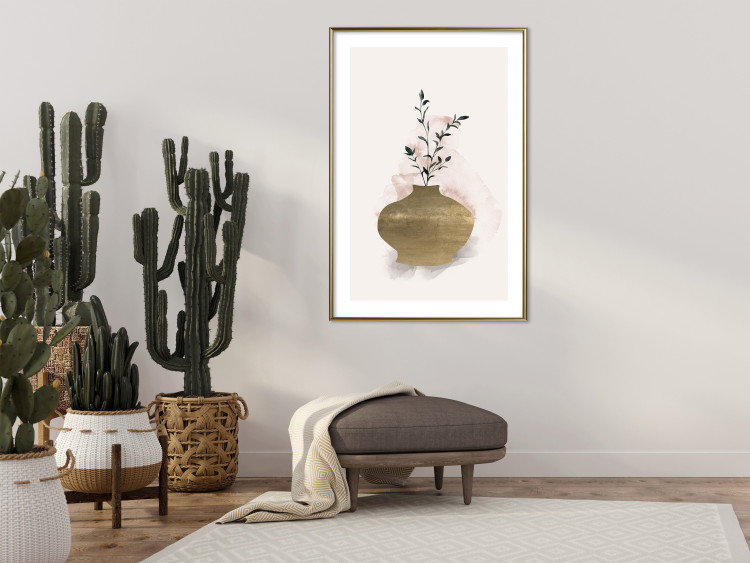 Wall Poster Golden Vase - a simple composition with green foliage in a vase on a beige background 136544 additionalImage 12