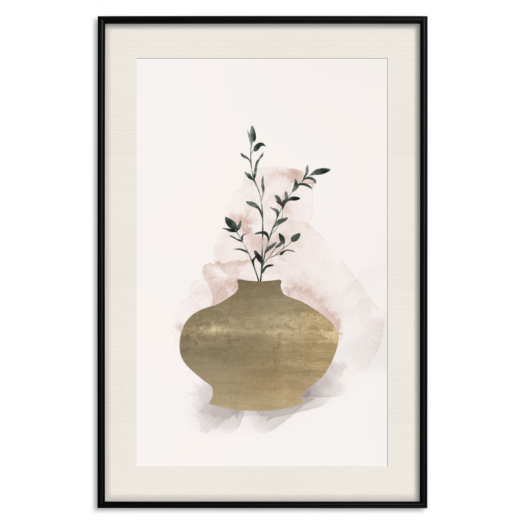 Wall Poster Golden Vase - a simple composition with green foliage in a vase on a beige background 136544 additionalImage 25