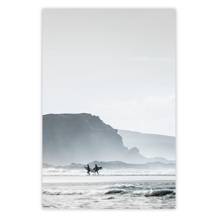 Poster Waiting for the Waves - seascape with large waves and surfers on boards 137844