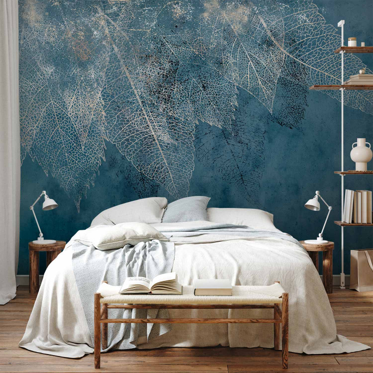 Wall Mural Minimalist composition - golden leaves on a dark background with pattern 138444 additionalImage 2