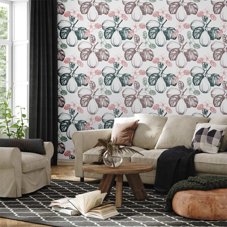 Modern Wallpaper Quince Pattern - Fruits and Leaves on Twigs in Subdued Colors 150044