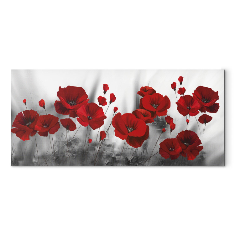 Canvas Red Poppy Flowers in the Meadow - Romantic Flowers against Grey Plants 107254