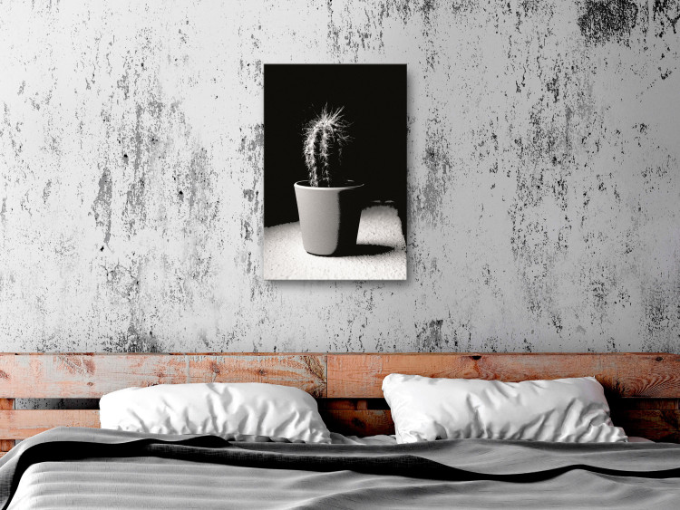 Canvas Print Cactus in a pot on the table - black and white photograph 125254 additionalImage 3