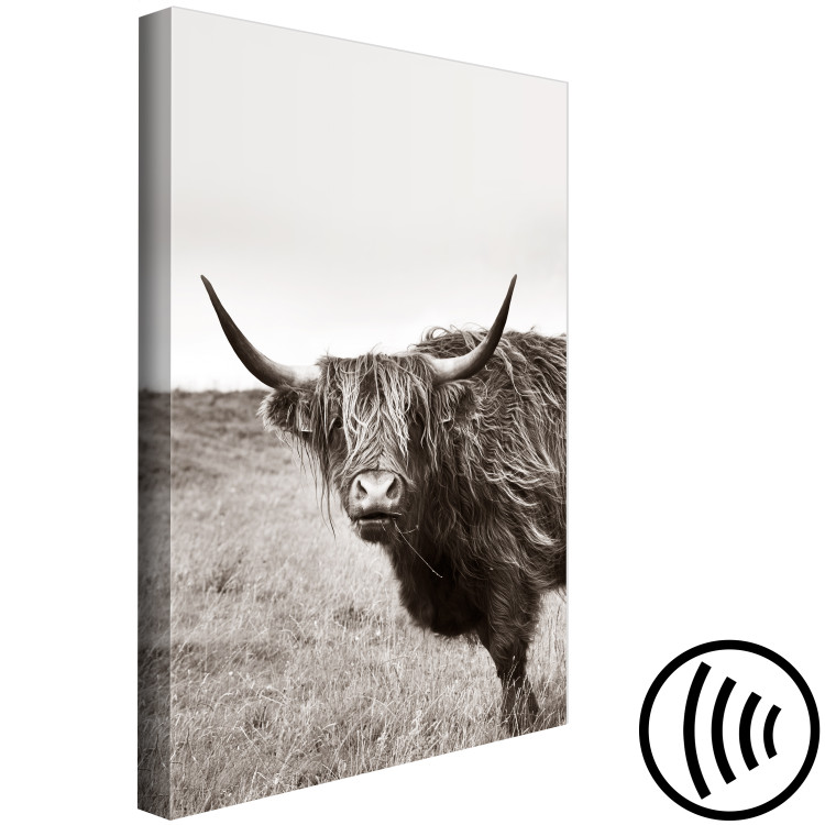 Canvas Ancient (1-piece) Vertical - gray photograph of a bull in a meadow 130254 additionalImage 6