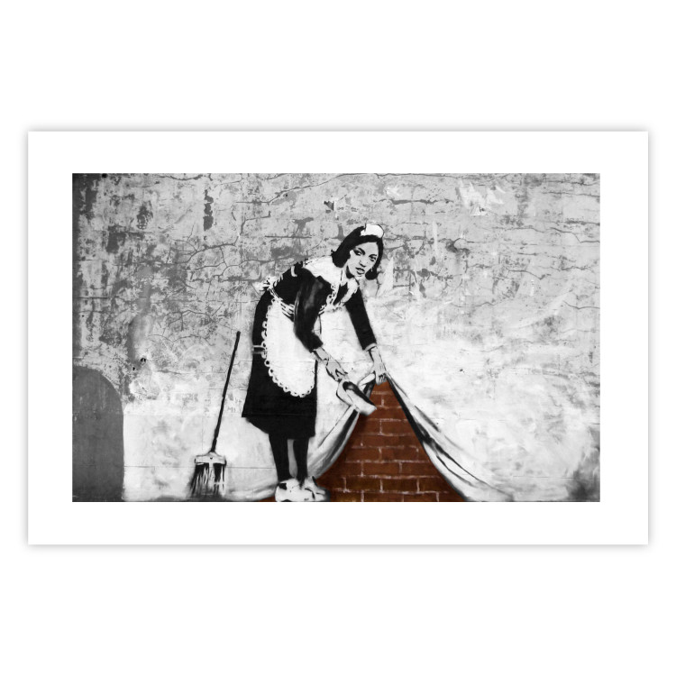 Poster Maid - gray mural of a woman lifting a curtain off a brick wall 132454 additionalImage 16