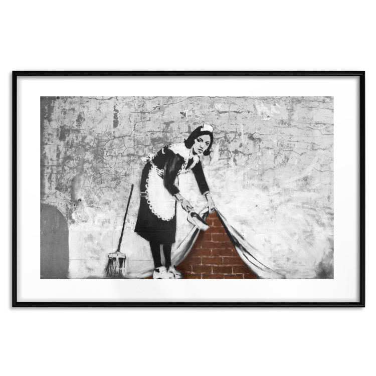 Poster Maid - gray mural of a woman lifting a curtain off a brick wall 132454 additionalImage 20