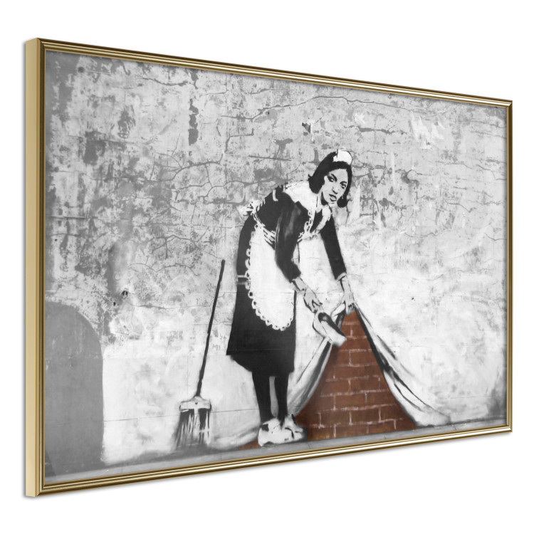 Poster Maid - gray mural of a woman lifting a curtain off a brick wall 132454 additionalImage 12