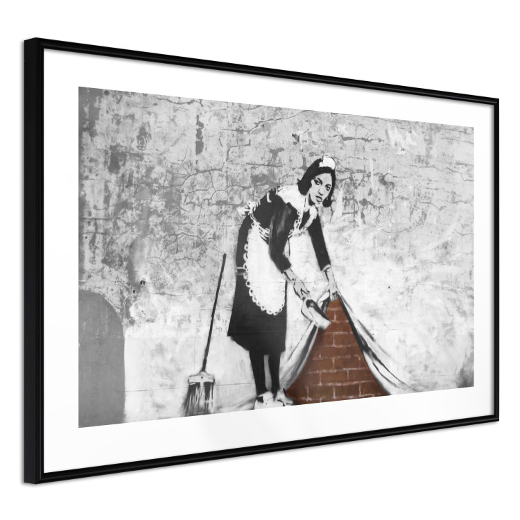 Poster Maid - gray mural of a woman lifting a curtain off a brick wall 132454 additionalImage 11