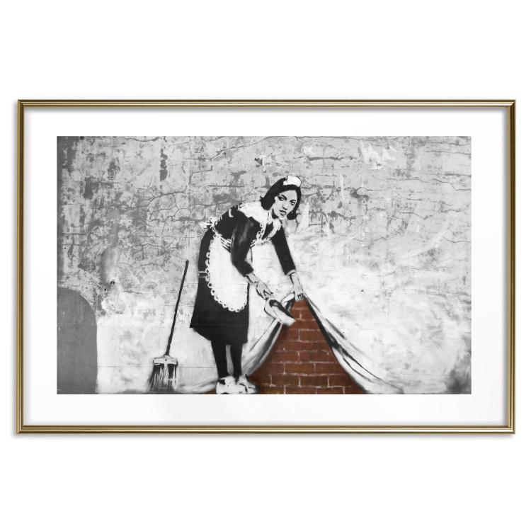 Poster Maid - gray mural of a woman lifting a curtain off a brick wall 132454 additionalImage 15