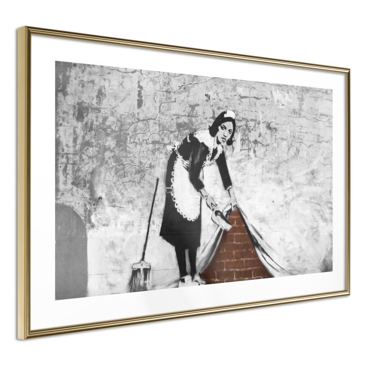 Poster Maid - gray mural of a woman lifting a curtain off a brick wall 132454 additionalImage 6