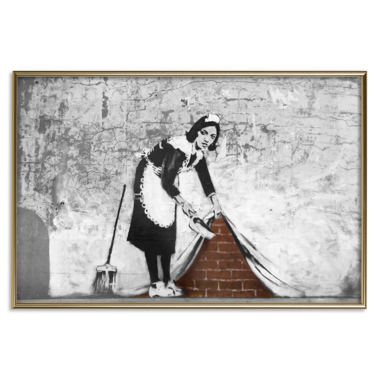 Poster Maid - gray mural of a woman lifting a curtain off a brick wall 132454 additionalImage 19