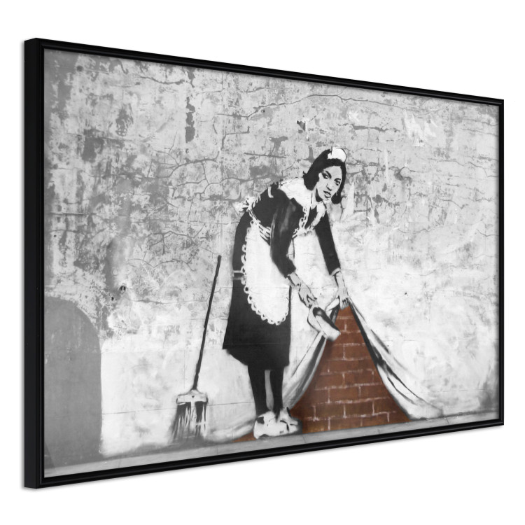 Poster Maid - gray mural of a woman lifting a curtain off a brick wall 132454 additionalImage 10
