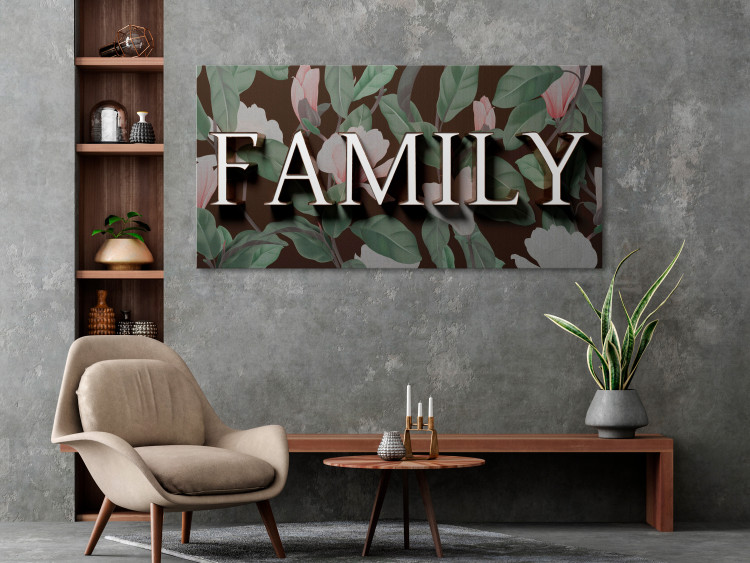Canvas Art Print Family inscription with 3D effect - English text on floral background 135554 additionalImage 3