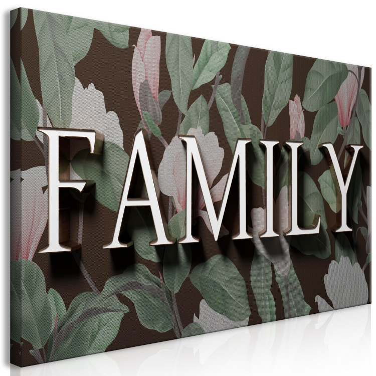 Canvas Art Print Family inscription with 3D effect - English text on floral background 135554 additionalImage 2