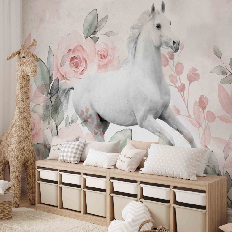 Wall Mural White horse between roses - a theme maintained in white and pink 138654 additionalImage 5