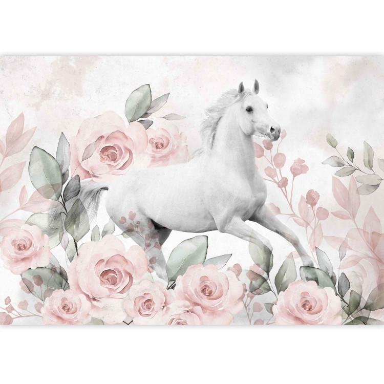 Wall Mural White horse between roses - a theme maintained in white and pink 138654 additionalImage 3