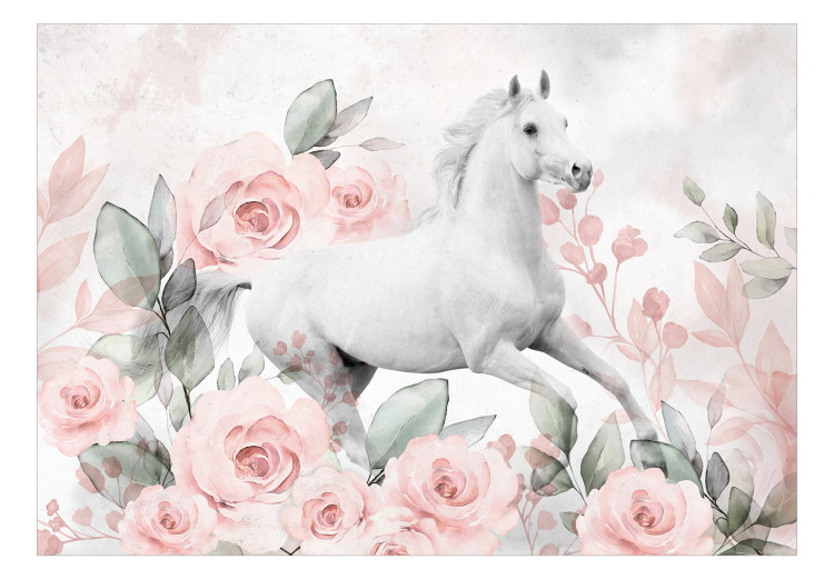 Wall Mural White horse between roses - a theme maintained in white and pink 138654 additionalImage 1