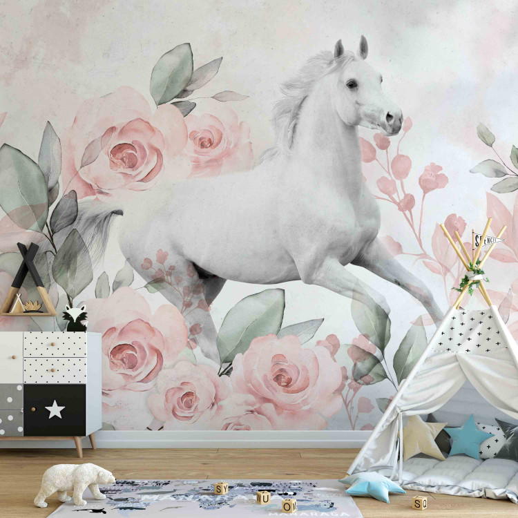 Wall Mural White horse between roses - a theme maintained in white and pink 138654 additionalImage 4