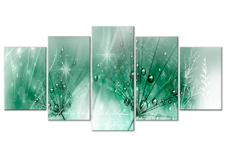 Canvas Print Green Dandelions (5-piece) Wide - delicate flowers and texts 143354