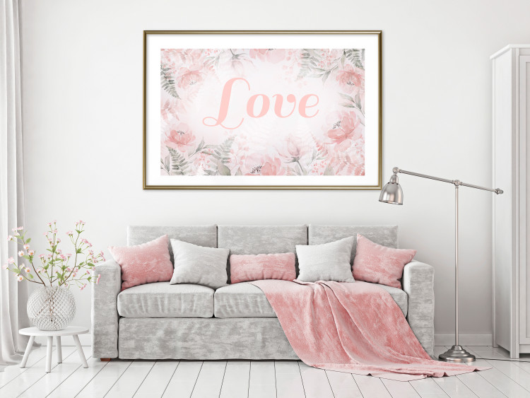 Poster Love - Romantic Inscription on a Rose Background Among Plants and Leaves 144754 additionalImage 16