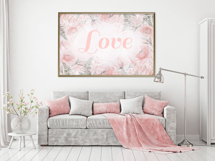 Poster Love - Romantic Inscription on a Rose Background Among Plants and Leaves 144754 additionalImage 11