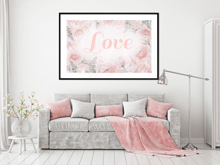 Poster Love - Romantic Inscription on a Rose Background Among Plants and Leaves 144754 additionalImage 12