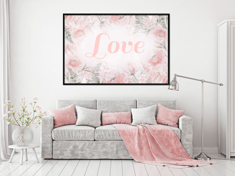 Poster Love - Romantic Inscription on a Rose Background Among Plants and Leaves 144754 additionalImage 13