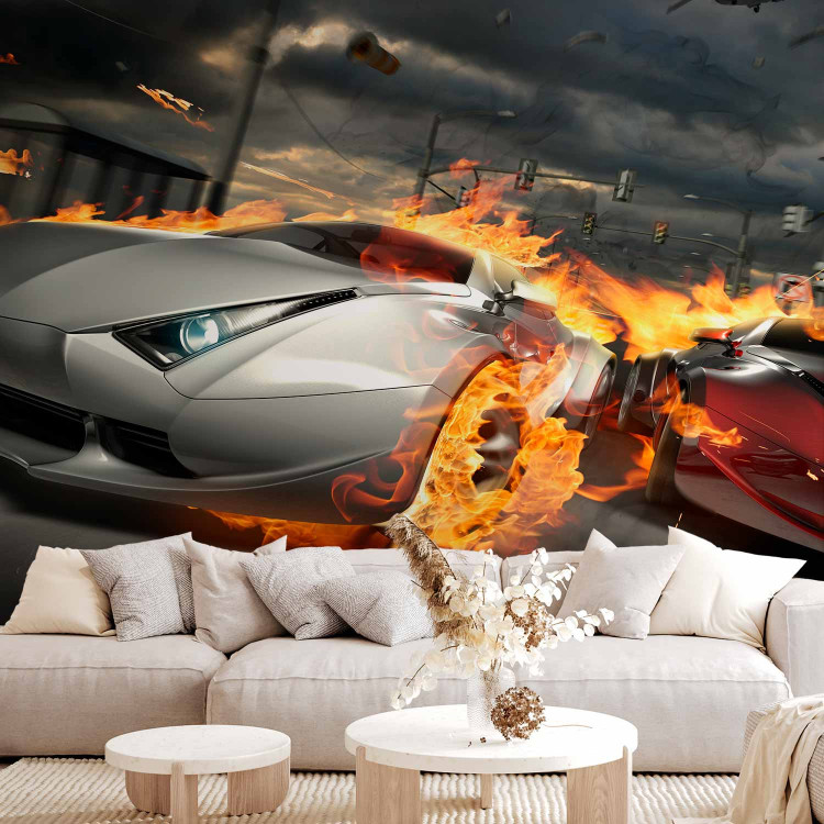 Wall Mural Sports Cars - Street Race in Flames Against the Backdrop of the City 147654