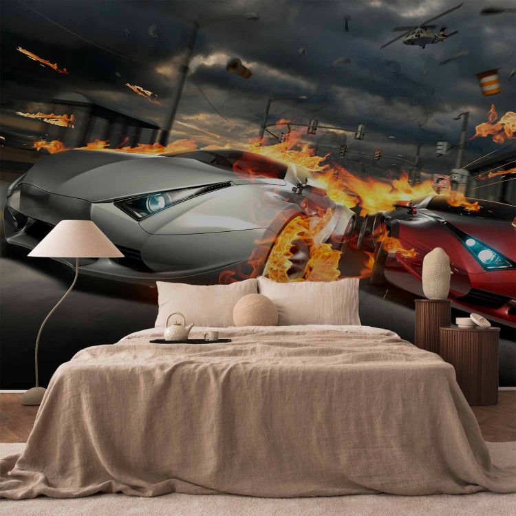 Wall Mural Sports Cars - Street Race in Flames Against the Backdrop of the City 147654 additionalImage 2