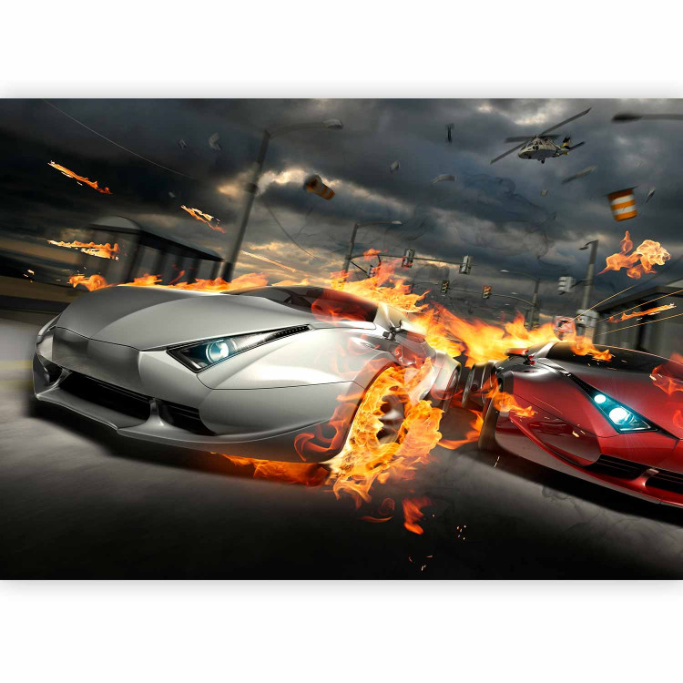 Wall Mural Sports Cars - Street Race in Flames Against the Backdrop of the City 147654 additionalImage 1